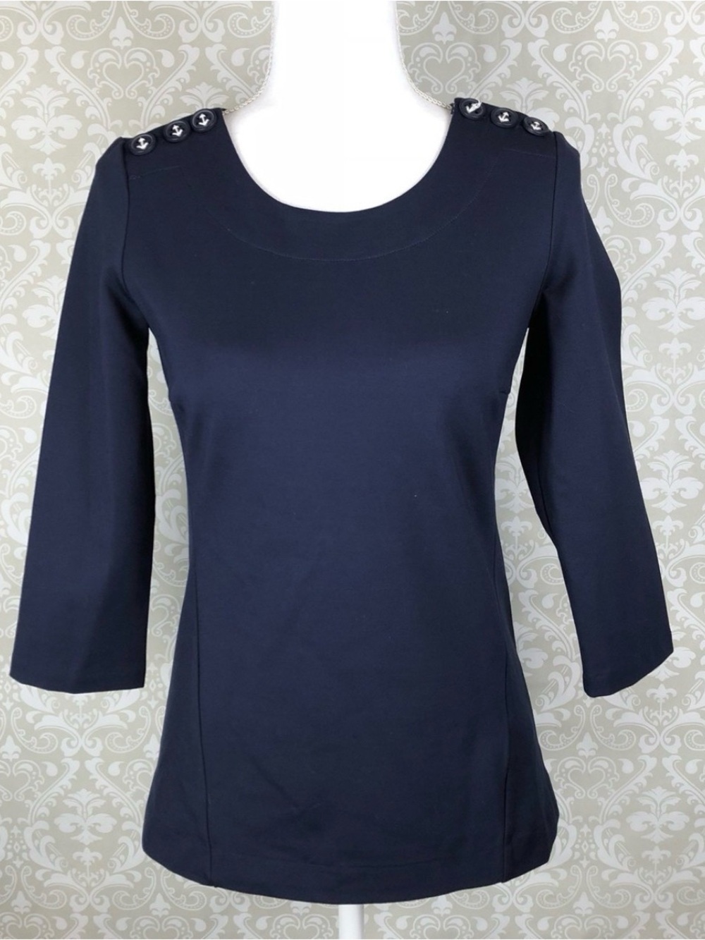 Boden Evie Ponte Top Blue Anchor Buttons 3/4 Sleeve